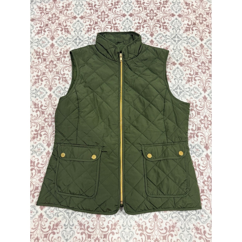St Johns Bay Womens Quilted Vest Olive Green Gold Zip Pockets Size Medium